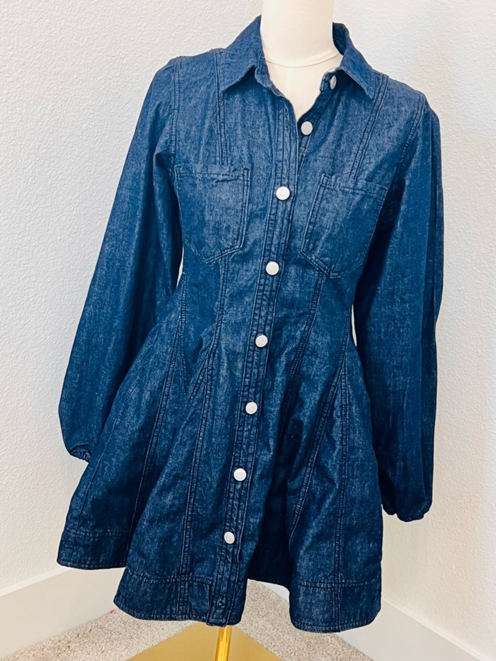 Fashion Nova Denim Button Front Mini Shirt Dress | Long Sleeve Collare - Picture 3 of 7